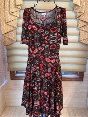 Lula Roe Black Paisley Print Fit & Flare Stretch Dress 3/4 Sleeves Size Large